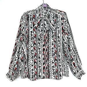 Alfred Dunner XL Tie Collar Long Sleeve Blouse Abstract Print‎ Black Red 90s